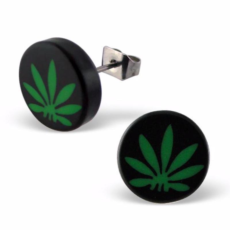 Surgical Stainless Steel Hemp Flower Cannabis Stud Earrings Black Green Unisex Adult