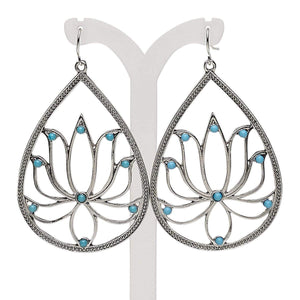 Womens Stainless Steel Teardrop Lotus Flower Hoop Earrings