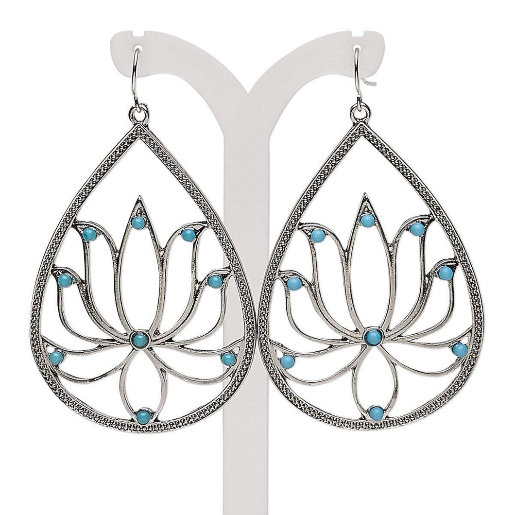 Womens Stainless Steel Teardrop Lotus Flower Hoop Earrings