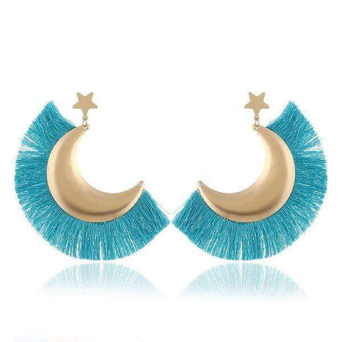 Womens Gold Tone Turquoise Fringe Crescent Earrings