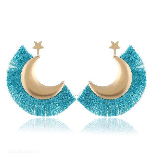 Womens Gold Tone Turquoise Fringe Crescent Earrings