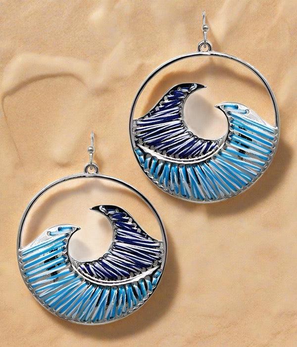 Womens Silver Hoop Earrings with a Ocean Wave Design