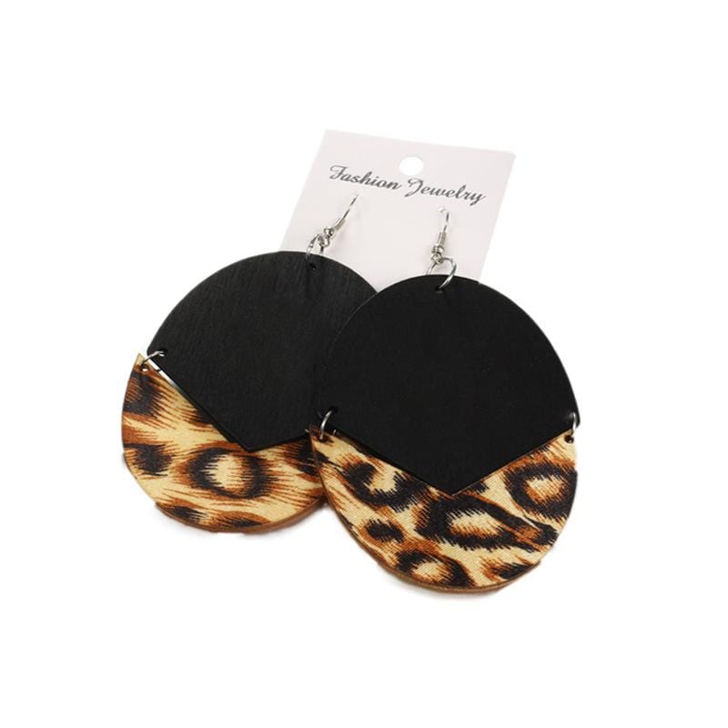 Wood Black & Leopard Oval Earrings