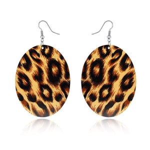 Womens Oval Animal Print Wood Earrings