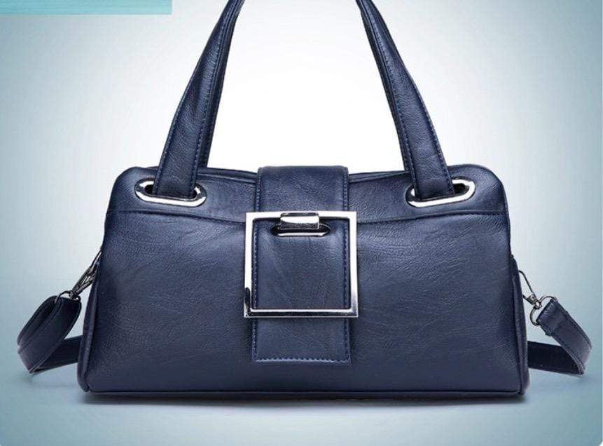 Womens Blue Vegan Leather Tote Handbag with Long Strap