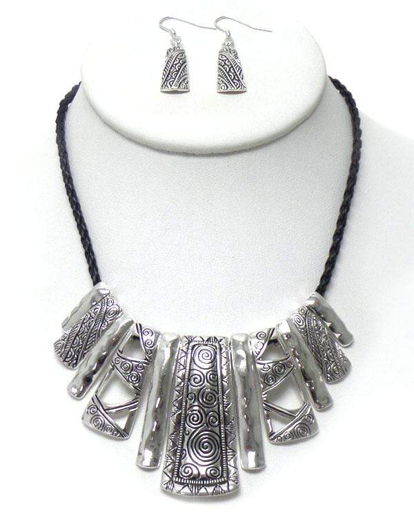 Womens Antique Silver Metal Black Cord Necklace Earring Set