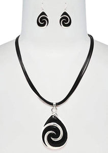 Womens Black Sliver Teardrop Pendant Necklace Earring Set