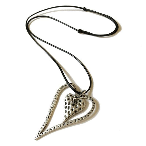 Black Leather Cord Adjustable Hammered Heart Pendant Necklace