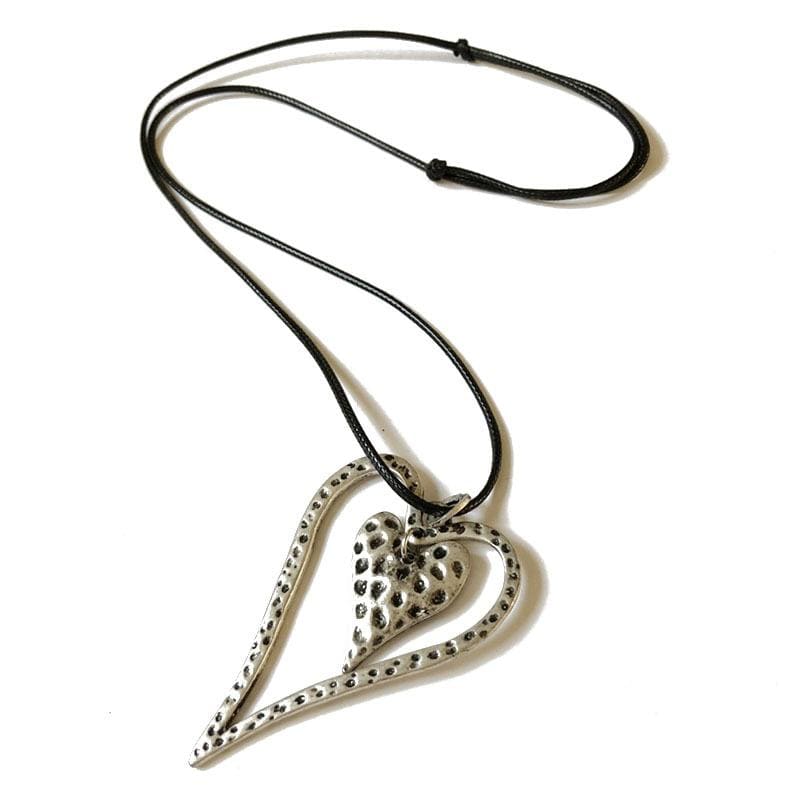 Black Leather Cord Adjustable Hammered Heart Pendant Necklace