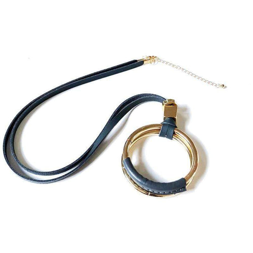 Boho Womens Gold Tone Double Ring Blue Leather Pendant Necklace