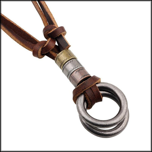 Mens Brown Leather Adjustable Pendant Necklace Double Steel Rings Fashion Jewelry