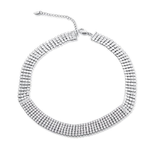 Womens Crystal Design Silver Choker Necklace