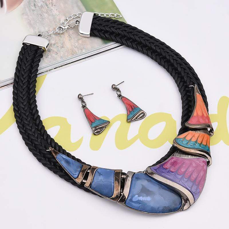 Boho Womens Black Multi-Strand Necklace and Earring Set