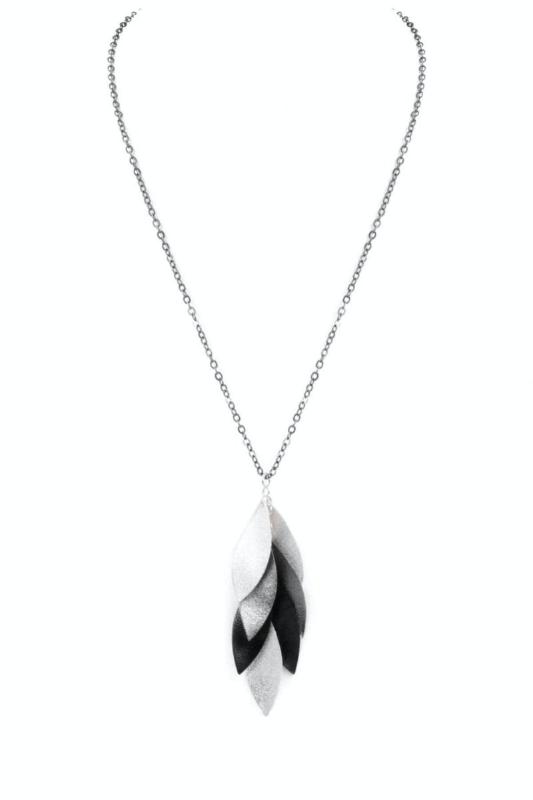 Fashion Necklace with Black/Silver Cluster Leaf Pendant