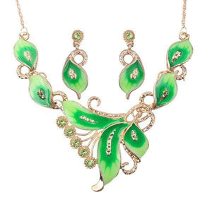 Womens Gold & Green Flower Necklace Earring Set