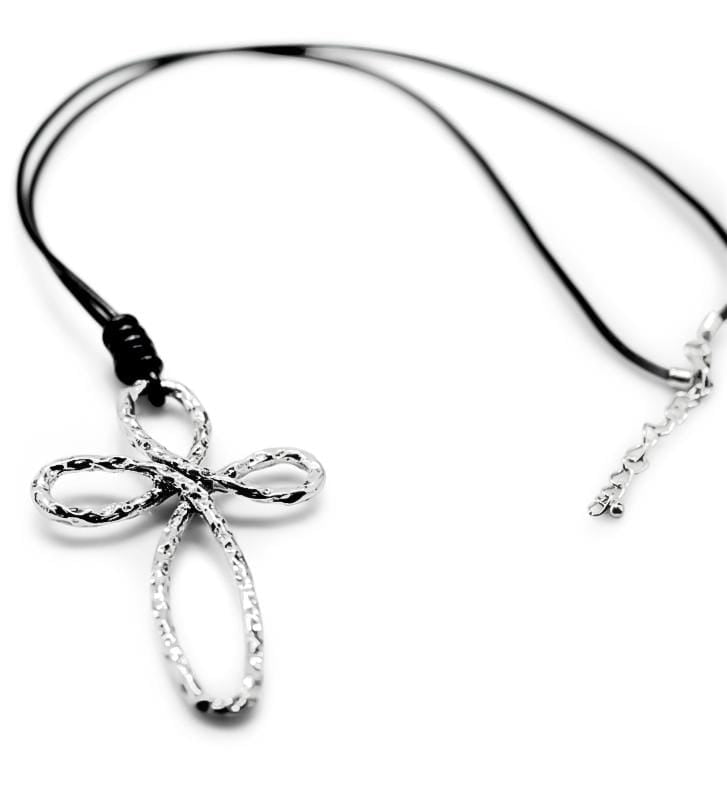 Stainless Steel Leather Cord Hammered Cross Pendant Necklace