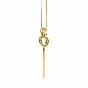 Long Gold Necklace with Interlocking Rings & Chain Tassel Pendant