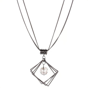 Womens Multi-Chain Black Gray Square Pendant Statement Necklace