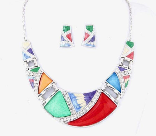 Womens Silver Tone Multi-Color Pendant Necklace Earring Set