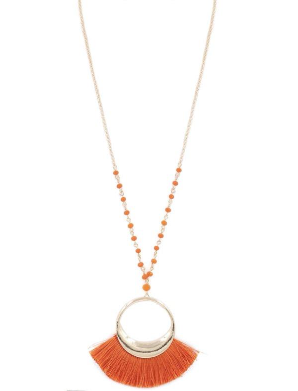 Orange Cotton Tassel Pendant Necklace