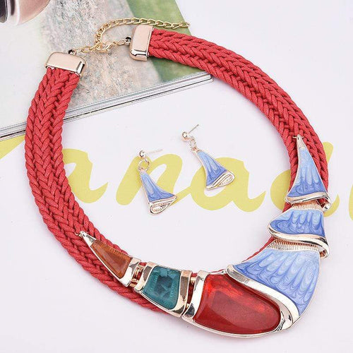 Boho Womens Red Multi-Strand Necklace and Earring Set