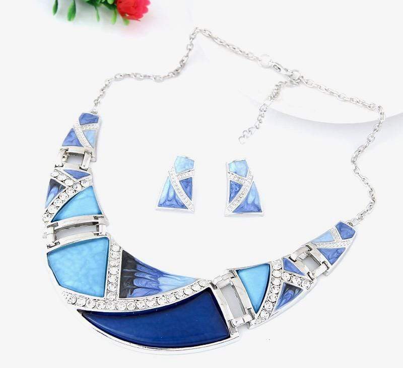Silver Based Blue Two-Tone Design Necklace Set