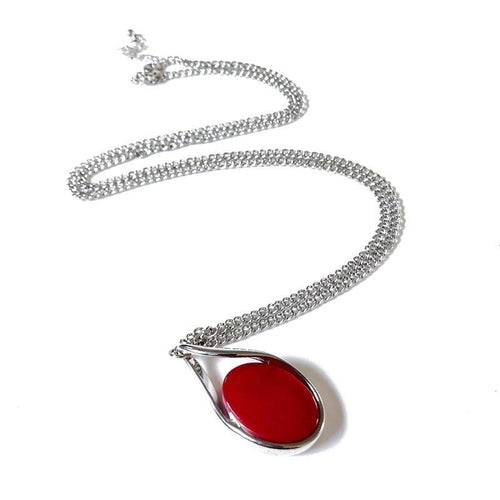 Silver Chain Oval Red Pendant Necklace
