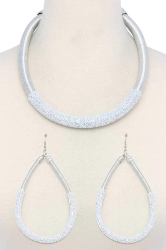 Womens Silver Metallic Lightweight Necklace Earrings Set