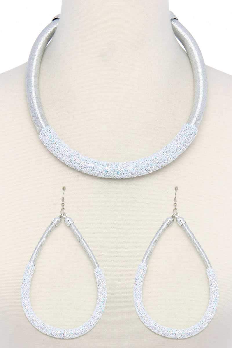 Womens Silver Metallic Necklace Earrings Jewelry Set