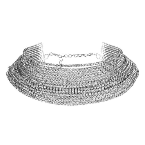 Womens Silver Multi-Strand Crystal Design Choker Necklace