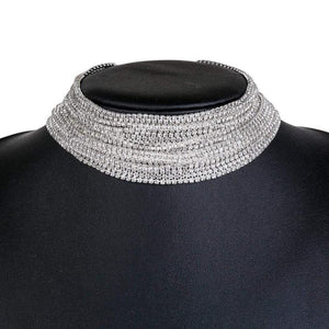 Silver Multi-Strand Crystal Design Choker Necklace