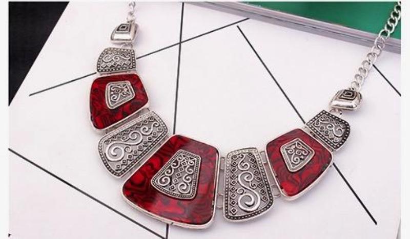 Silver & Red Two-Tone Square Design Necklace