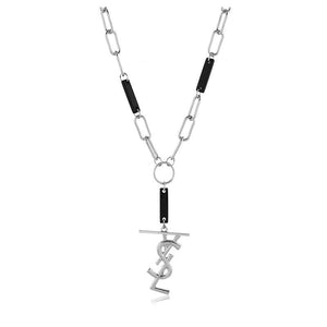 "YSL" Lettering  Silver Chain w/Black Accents Necklace