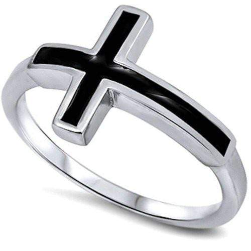 Sterling Silver 925 Black Onyx Cross Band Ring Unisex Adult