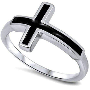 Sterling Silver 925 Black Onyx Cross Band Ring Unisex Adult