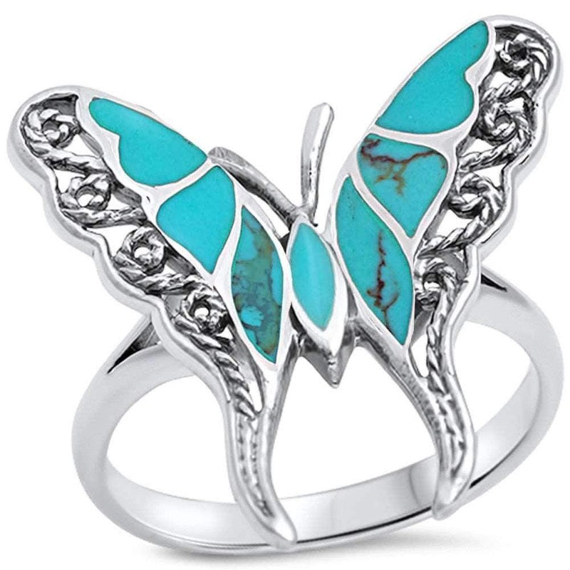 Sterling Silver .925 Filigree Turquoise Butterfly Ring Size 7