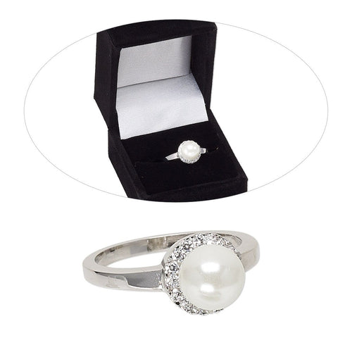 Womens Classic Faux Pearl Solitaire Ring Size 8 Silver Rhodium Zirconia Cocktail Ring